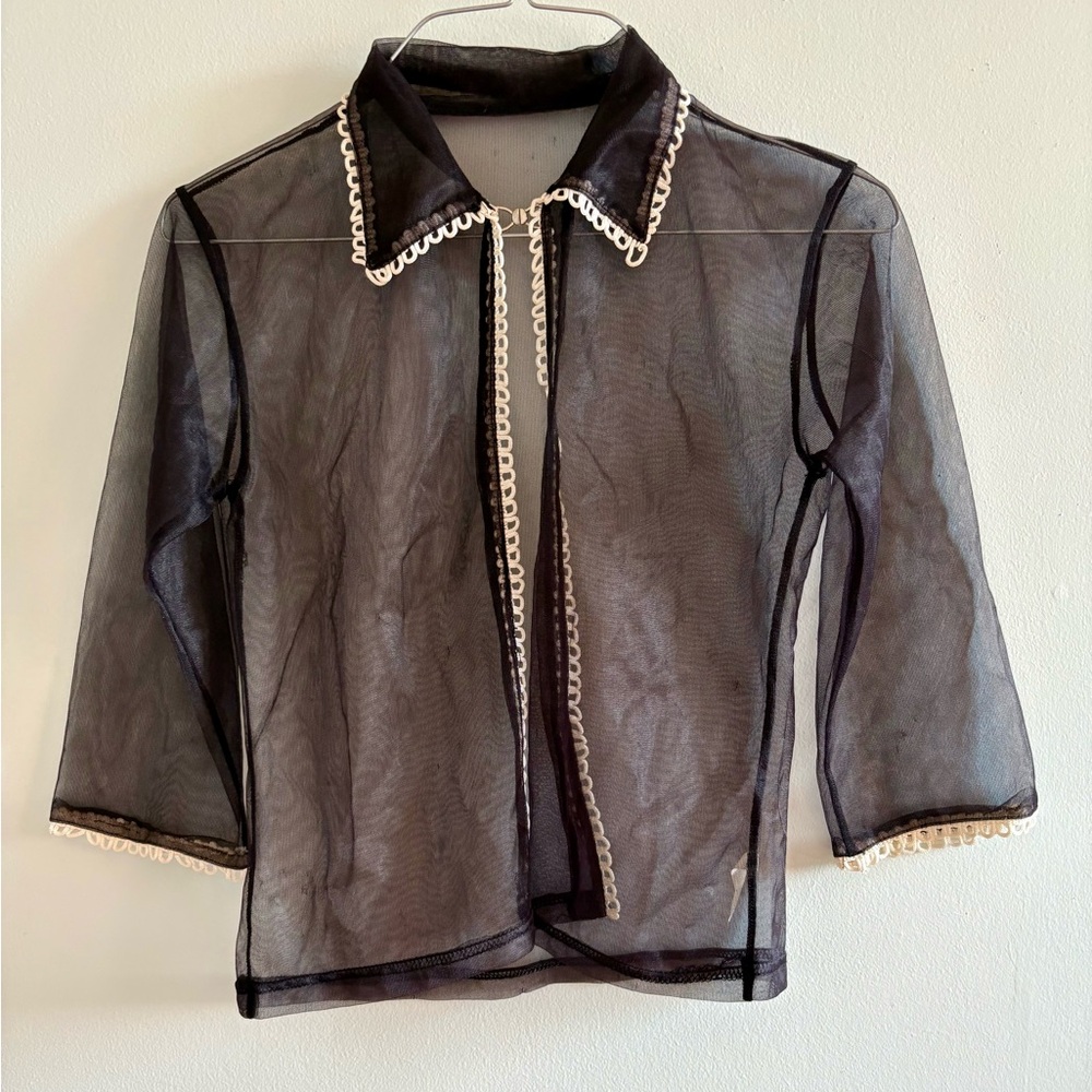 Sheer Black Mesh Top with White Trim
